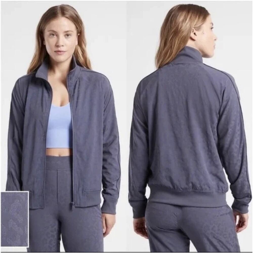 Athleta Brooklyn Bomber Jacket Blue Leopard Jacquard Print Full Zip PLUS SZ 1X